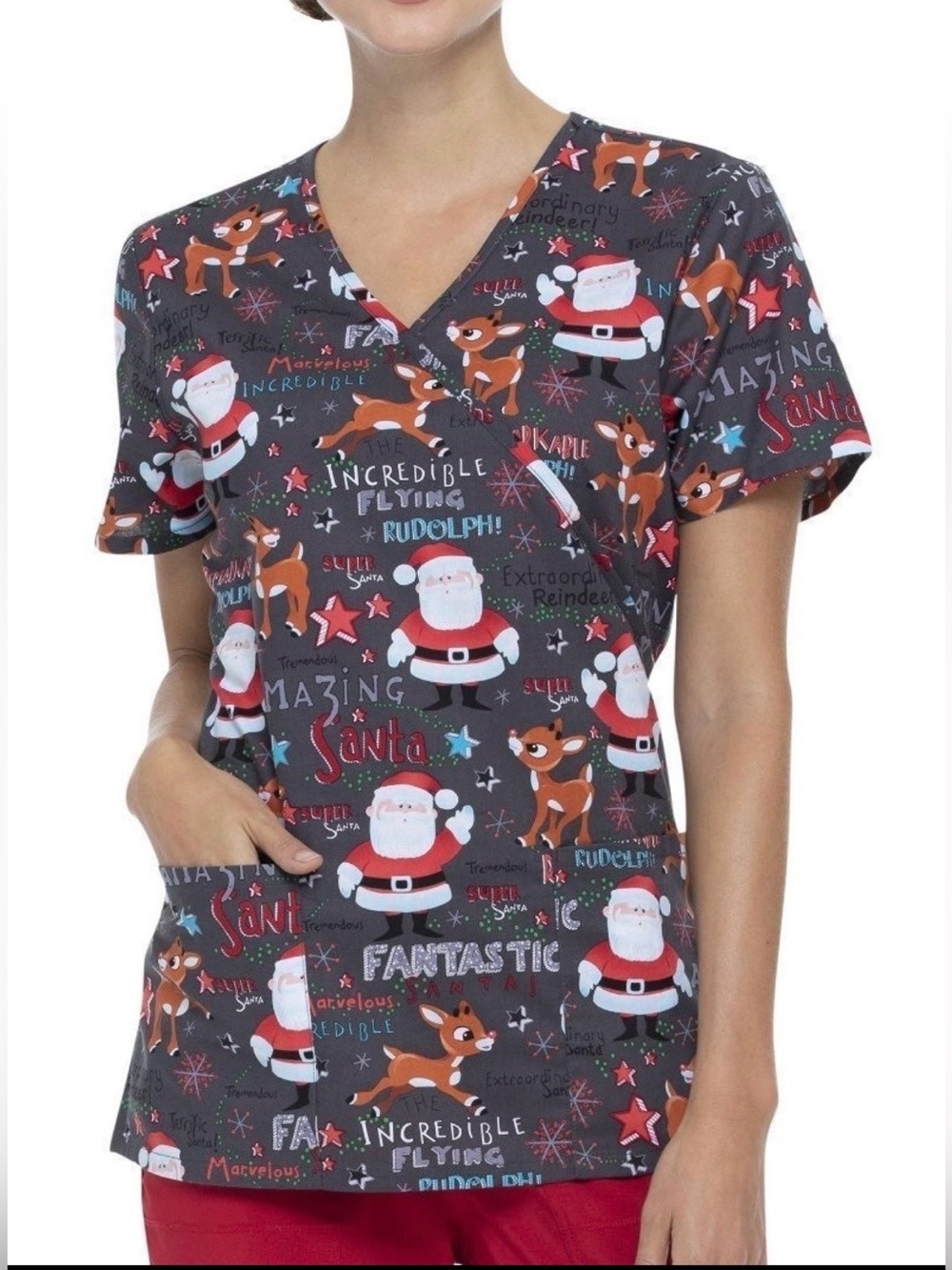 Festive Santa and Reindeer Scrub Top 2XL